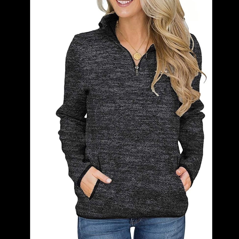 Dark Gray Long Sleeve Top With Zipper And Pocket
